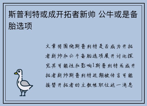 斯普利特或成开拓者新帅 公牛或是备胎选项